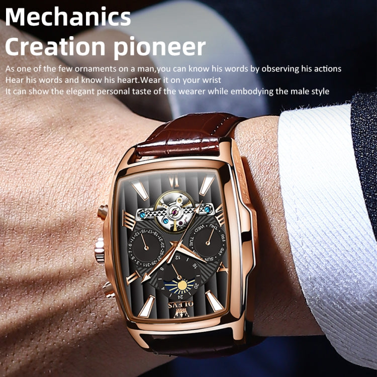 OLEVS 6675 Men Multifunctional Moon Phase Tourbillon Mechanical Watch(Black + Rose Gold) - Leather Strap Watches by OLEVS | Online Shopping South Africa | PMC Jewellery | Buy Now Pay Later Mobicred