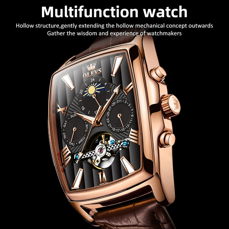 OLEVS 6675 Men Multifunctional Moon Phase Tourbillon Mechanical Watch(Black + Rose Gold) - Leather Strap Watches by OLEVS | Online Shopping South Africa | PMC Jewellery | Buy Now Pay Later Mobicred