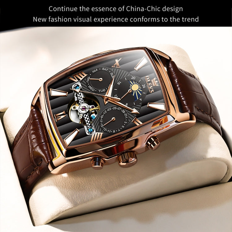 OLEVS 6675 Men Multifunctional Moon Phase Tourbillon Mechanical Watch(Black + Rose Gold) - Leather Strap Watches by OLEVS | Online Shopping South Africa | PMC Jewellery | Buy Now Pay Later Mobicred