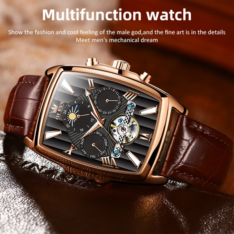 OLEVS 6675 Men Multifunctional Moon Phase Tourbillon Mechanical Watch(Black + Rose Gold) - Leather Strap Watches by OLEVS | Online Shopping South Africa | PMC Jewellery | Buy Now Pay Later Mobicred