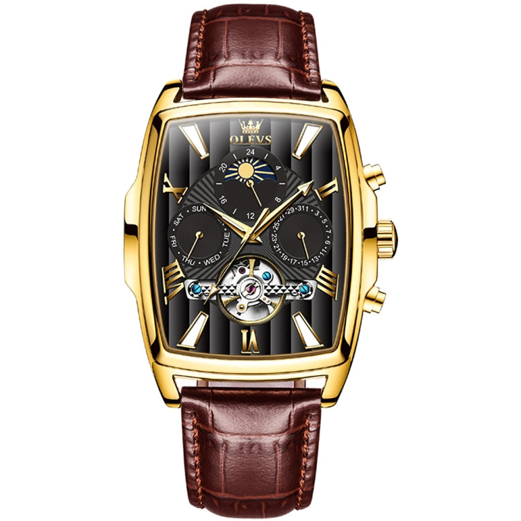 OLEVS 6675 Men Multifunctional Moon Phase Tourbillon Mechanical Watch(Black + Gold) - Leather Strap Watches by OLEVS | Online Shopping South Africa | PMC Jewellery | Buy Now Pay Later Mobicred