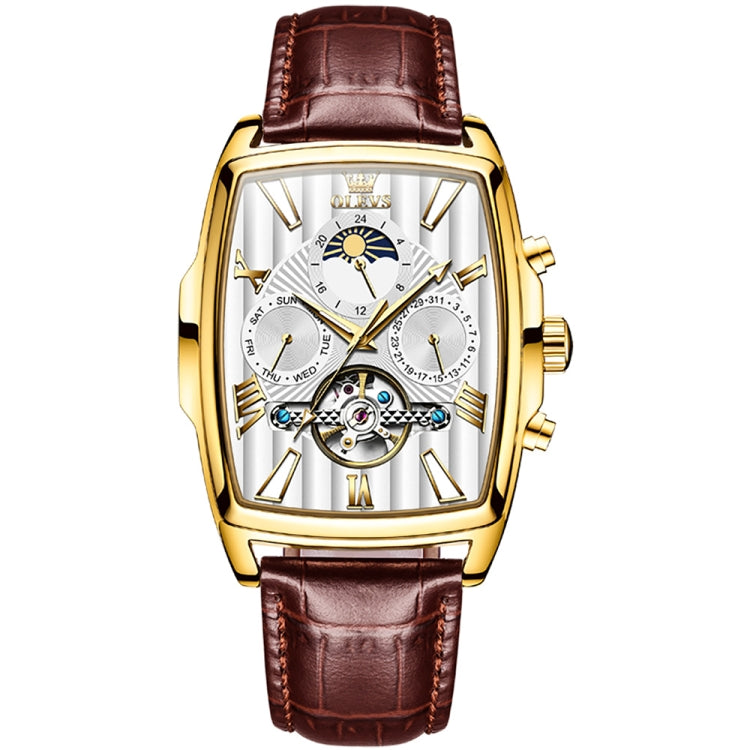 OLEVS 6675 Men Multifunctional Moon Phase Tourbillon Mechanical Watch(White + Gold) - Leather Strap Watches by OLEVS | Online Shopping South Africa | PMC Jewellery | Buy Now Pay Later Mobicred