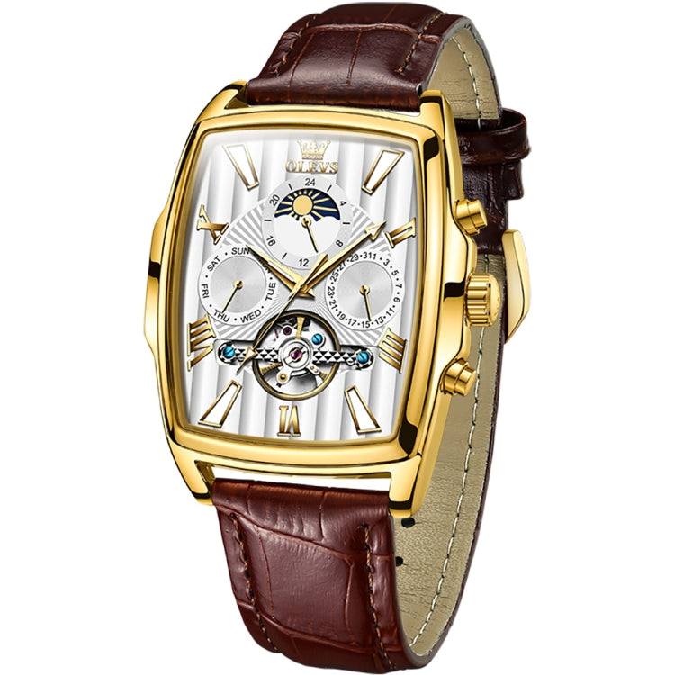 OLEVS 6675 Men Multifunctional Moon Phase Tourbillon Mechanical Watch(White + Gold) - Leather Strap Watches by OLEVS | Online Shopping South Africa | PMC Jewellery | Buy Now Pay Later Mobicred