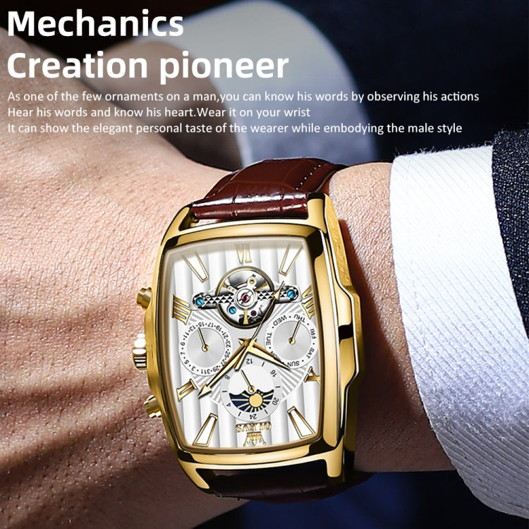 OLEVS 6675 Men Multifunctional Moon Phase Tourbillon Mechanical Watch(White + Gold) - Leather Strap Watches by OLEVS | Online Shopping South Africa | PMC Jewellery | Buy Now Pay Later Mobicred