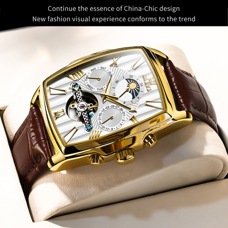 OLEVS 6675 Men Multifunctional Moon Phase Tourbillon Mechanical Watch(White + Gold) - Leather Strap Watches by OLEVS | Online Shopping South Africa | PMC Jewellery | Buy Now Pay Later Mobicred