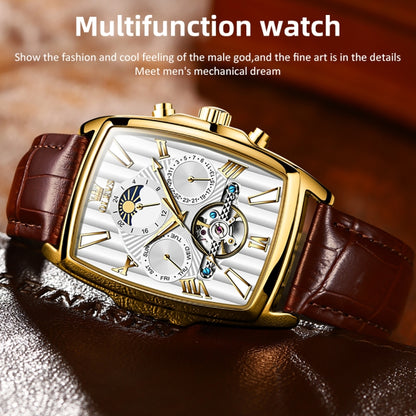 OLEVS 6675 Men Multifunctional Moon Phase Tourbillon Mechanical Watch(White + Gold) - Leather Strap Watches by OLEVS | Online Shopping South Africa | PMC Jewellery | Buy Now Pay Later Mobicred