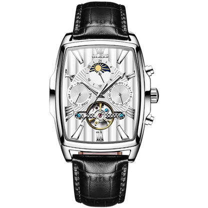 OLEVS 6675 Men Multifunctional Moon Phase Tourbillon Mechanical Watch(White + Silver) - Leather Strap Watches by OLEVS | Online Shopping South Africa | PMC Jewellery | Buy Now Pay Later Mobicred