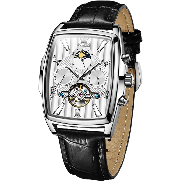 OLEVS 6675 Men Multifunctional Moon Phase Tourbillon Mechanical Watch(White + Silver) - Leather Strap Watches by OLEVS | Online Shopping South Africa | PMC Jewellery | Buy Now Pay Later Mobicred