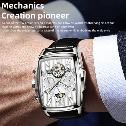 OLEVS 6675 Men Multifunctional Moon Phase Tourbillon Mechanical Watch(White + Silver) - Leather Strap Watches by OLEVS | Online Shopping South Africa | PMC Jewellery | Buy Now Pay Later Mobicred