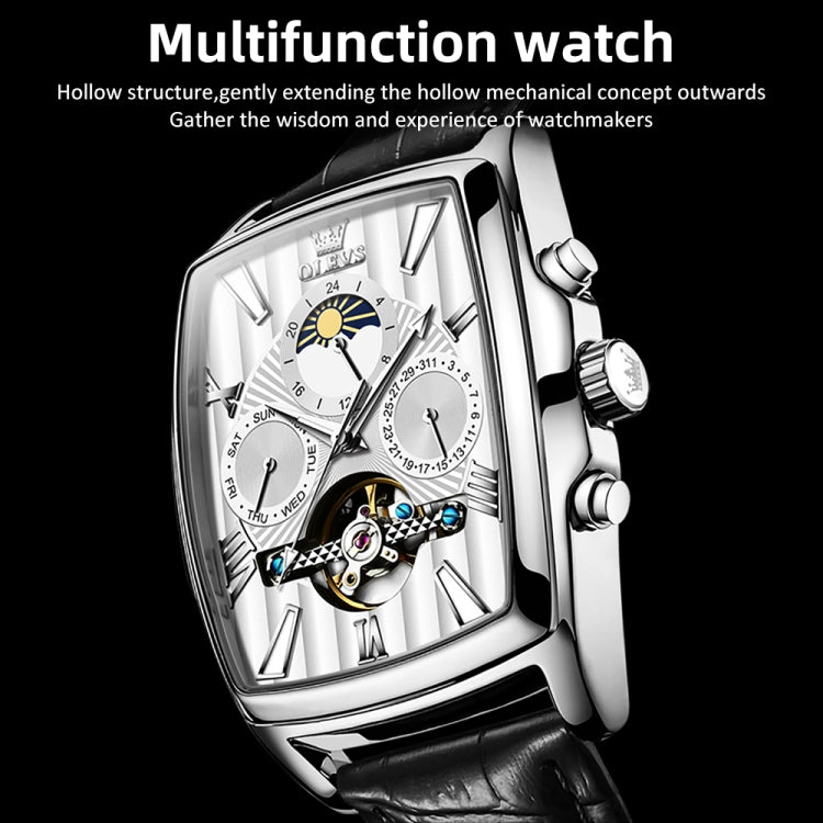 OLEVS 6675 Men Multifunctional Moon Phase Tourbillon Mechanical Watch(White + Silver) - Leather Strap Watches by OLEVS | Online Shopping South Africa | PMC Jewellery | Buy Now Pay Later Mobicred