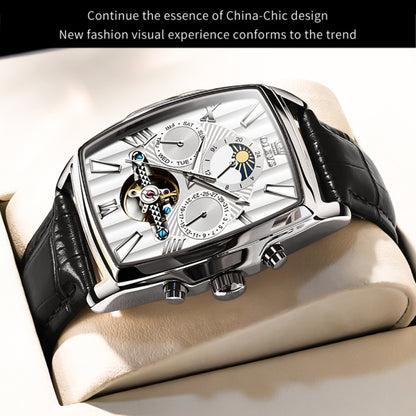 OLEVS 6675 Men Multifunctional Moon Phase Tourbillon Mechanical Watch(White + Silver) - Leather Strap Watches by OLEVS | Online Shopping South Africa | PMC Jewellery | Buy Now Pay Later Mobicred