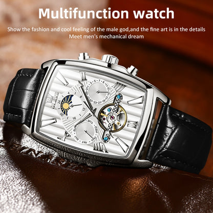 OLEVS 6675 Men Multifunctional Moon Phase Tourbillon Mechanical Watch(White + Silver) - Leather Strap Watches by OLEVS | Online Shopping South Africa | PMC Jewellery | Buy Now Pay Later Mobicred