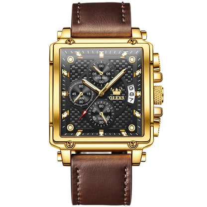 OLEVS 9925 Men Square Dial Multifunctional Waterproof Quartz Watch(Black + Gold) - Leather Strap Watches by OLEVS | Online Shopping South Africa | PMC Jewellery