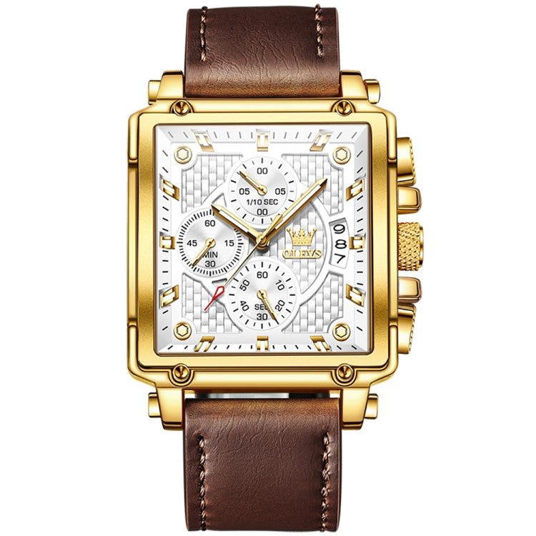 OLEVS 9925 Men Square Dial Multifunctional Waterproof Quartz Watch(White + Gold) - Leather Strap Watches by OLEVS | Online Shopping South Africa | PMC Jewellery