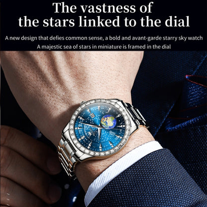 OLEVS 9967 Men Starry Sky Face Diamond Bezel Quartz Watch(Blue Steel Strap) - Leather Strap Watches by OLEVS | Online Shopping South Africa | PMC Jewellery | Buy Now Pay Later Mobicred