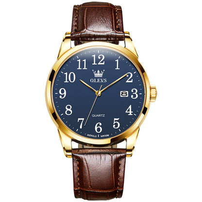 OLEVS 5566 Men Simple Single Calendar Waterproof Quartz Watch(Blue) - Leather Strap Watches by OLEVS | Online Shopping South Africa | PMC Jewellery