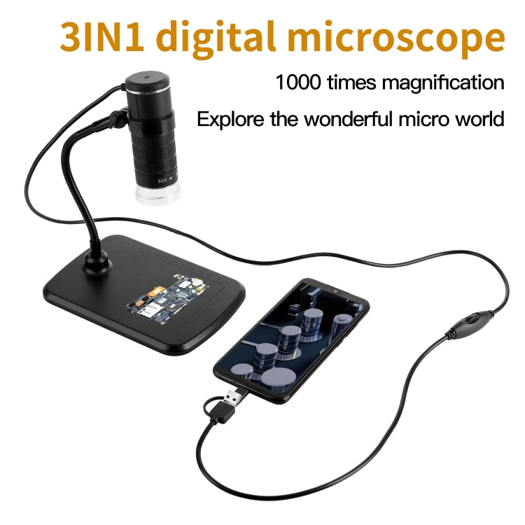 AN104 1000X 3 in 1 Digital Microscope with Helical Tube Bracket - Digital Microscope by PMC Jewellery | Online Shopping South Africa | PMC Jewellery | Buy Now Pay Later Mobicred