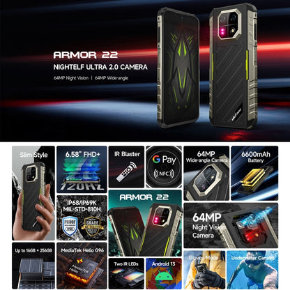 Ulefone Armor 22, 8GB+128GB, IP68/IP69K Rugged Phone, 6.58 inch Android 13 MediaTek Helio G96 Octa Core, Network: 4G, NFC, OTG(Some Green) - Ulefone by Ulefone | Online Shopping South Africa | PMC Jewellery | Buy Now Pay Later Mobicred