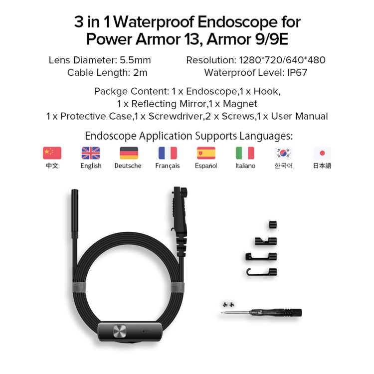 Ulefone Endoscope E1 IP67 Waterproof 3 in 1 Endoscope for Ulefone Power Armor 21 / 19 / 18T / 16 Pro / 13 / Armor Pad(Black) -  by Ulefone | Online Shopping South Africa | PMC Jewellery | Buy Now Pay Later Mobicred