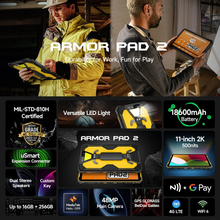 Ulefone Armor Pad 2 Rugged Tablet PC, 16GB+256GB 11 inch Android 13 MediaTek Helio G99 Octa Core 4G Network EU Plug(Yellow) - Other by Ulefone | Online Shopping South Africa | PMC Jewellery | Buy Now Pay Later Mobicred