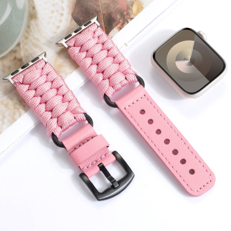 For Apple Watch SE 2023 44mm Plain Paracord Genuine Leather Watch Band(Pink) - Watch Bands by PMC TechLife | Online Shopping South Africa | PMC TechLife