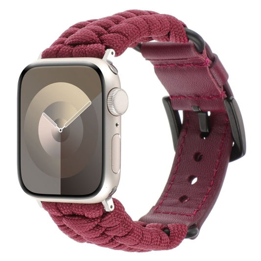 For Apple Watch Series 8 41mm Plain Paracord Genuine Leather Watch Band(Wine Red) - Watch Bands by PMC Jewellery | Online Shopping South Africa | PMC Jewellery