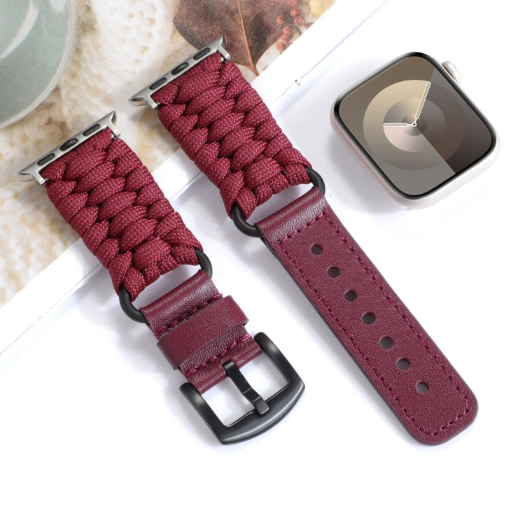 For Apple Watch Series 8 41mm Plain Paracord Genuine Leather Watch Band(Wine Red) - Watch Bands by PMC Jewellery | Online Shopping South Africa | PMC Jewellery