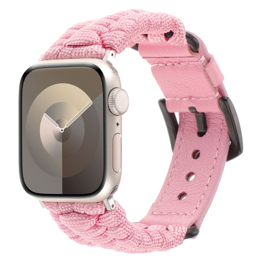 For Apple Watch SE 2022 44mm Plain Paracord Genuine Leather Watch Band(Pink) - Watch Bands by PMC Jewellery | Online Shopping South Africa | PMC Jewellery