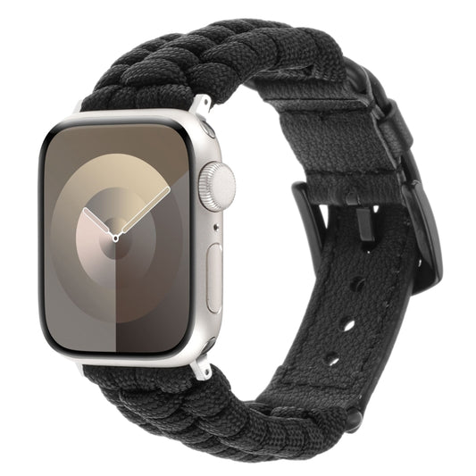 For Apple Watch Series 7 45mm Plain Paracord Genuine Leather Watch Band(Black) - Watch Bands by PMC Jewellery | Online Shopping South Africa | PMC Jewellery