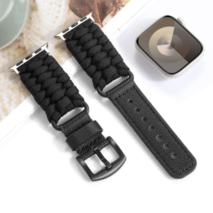 For Apple Watch Series 7 45mm Plain Paracord Genuine Leather Watch Band(Black) - Watch Bands by PMC Jewellery | Online Shopping South Africa | PMC Jewellery