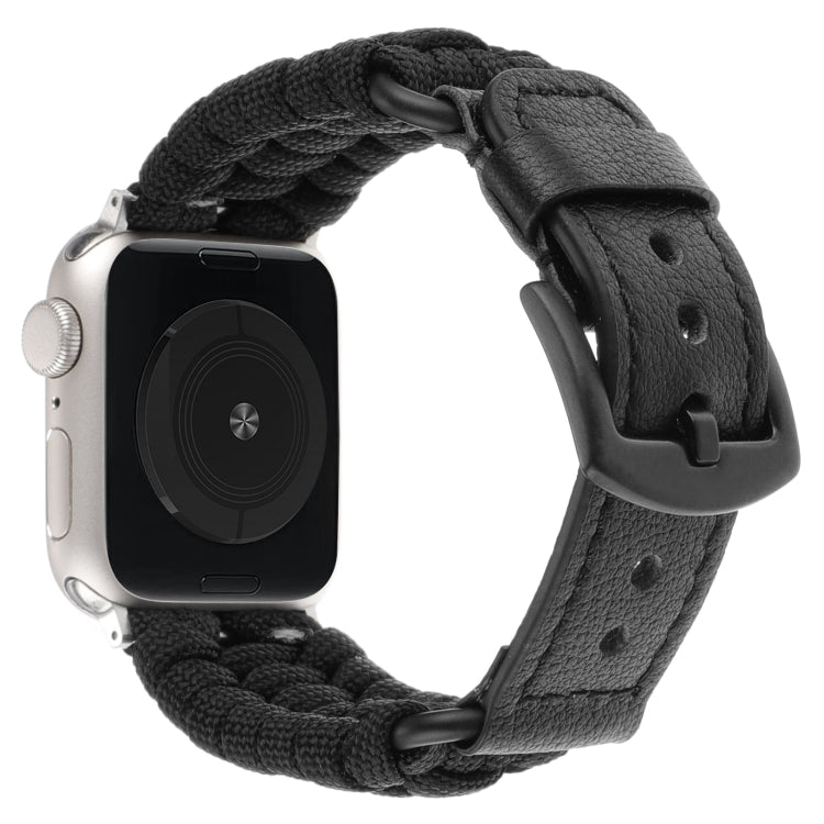 For Apple Watch Series 7 45mm Plain Paracord Genuine Leather Watch Band(Black) - Watch Bands by PMC Jewellery | Online Shopping South Africa | PMC Jewellery