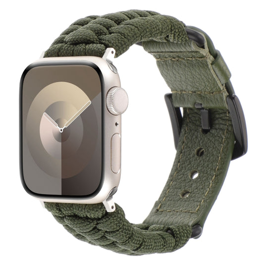 For Apple Watch SE 40mm Plain Paracord Genuine Leather Watch Band(Army Green) - Watch Bands by PMC Jewellery | Online Shopping South Africa | PMC Jewellery