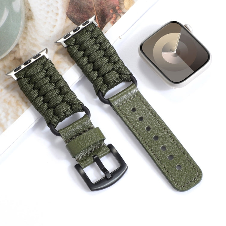 For Apple Watch SE 40mm Plain Paracord Genuine Leather Watch Band(Army Green) - Watch Bands by PMC Jewellery | Online Shopping South Africa | PMC Jewellery