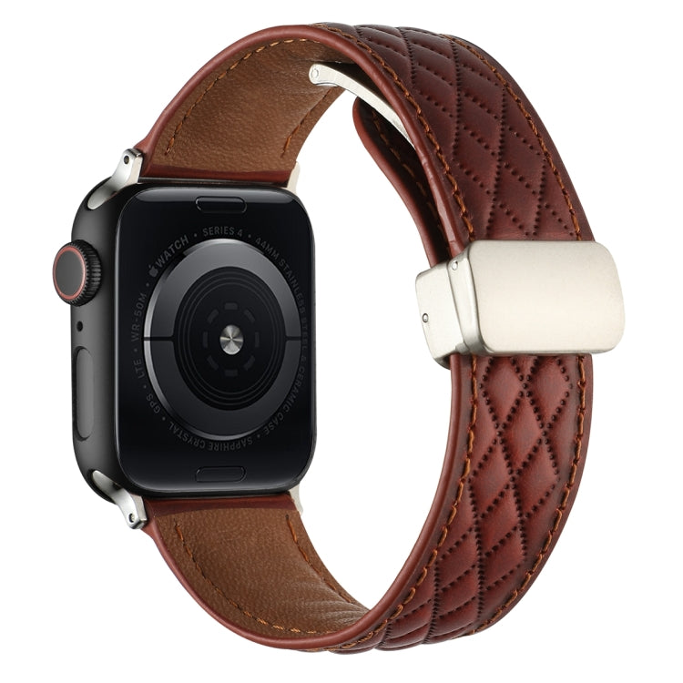 For Apple Watch Series 4 44mm Rhombus Pattern Magnetic Folding Buckle Leather Watch Band(Red) - Watch Bands by PMC TechLife | Online Shopping South Africa | PMC TechLife | Buy Now Pay Later Mobicred