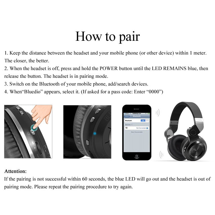 Bluedio T2+ Turbine Wireless Bluetooth 4.1 Stereo Headphones Headset with Mic & Micro SD Card Slot & FM Radio, For iPhone, Samsung, Huawei, Xiaomi, HTC and Other Smartphones, All Audio Devices(Black) - Headset & Headphone by Bluedio | Online Shopping South Africa | PMC Jewellery | Buy Now Pay Later Mobicred