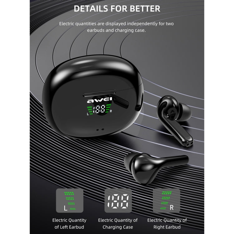 awei T15P Bluetooth V5.0 TWS Ture Wireless Sports LED Display Headset with Charging Case(Black) - TWS Earphone by awei | Online Shopping South Africa | PMC Jewellery