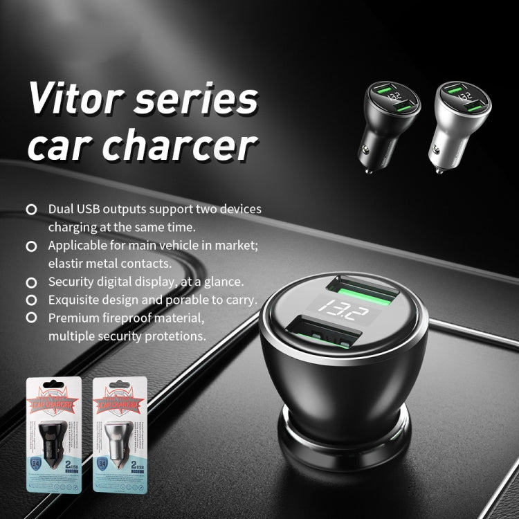 REMAX RCC106 Vitor Series 3.4A Dual USB Interface Car Charger with Digital Display(Silver) - Car Charger by REMAX | Online Shopping South Africa | PMC Jewellery | Buy Now Pay Later Mobicred