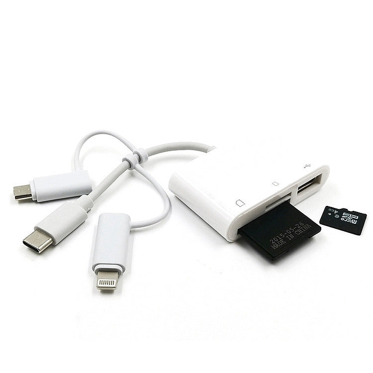 3 in 1 8-Pin And Micro USB And Type-C to TF & SD Card Reader USB OTG Extender Adapter (White) - Converter & Adapter by PMC TechLife | Online Shopping South Africa | PMC TechLife