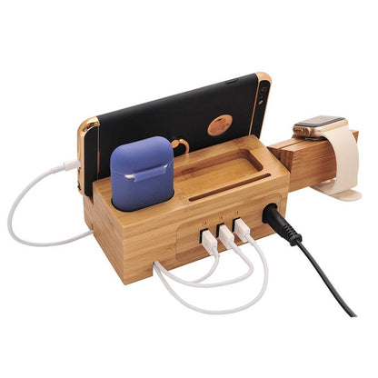 Multi-function Bamboo Charging Station Charger Stand Management Base with 3 USB Ports, EU Plug -  by PMC Jewellery | Online Shopping South Africa | PMC Jewellery