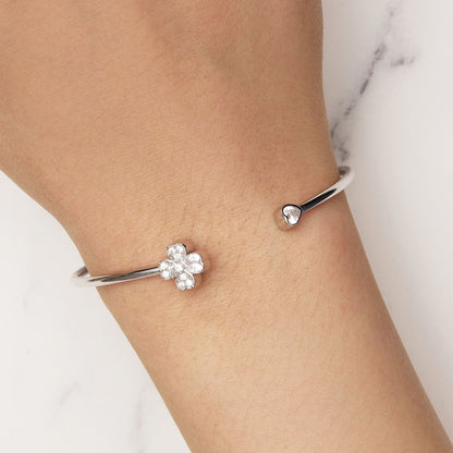 BSB134 Sterling Silver S925 Plated Platinum Zircon Four-leaf Clover Open Bracelet Hand Decoration - Bracelets by PMC Jewellery | Online Shopping South Africa | PMC Jewellery