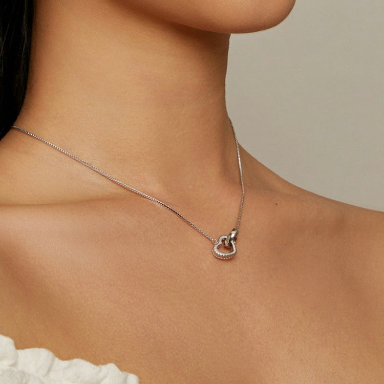 BSN339 Sterling Silver S925 White Gold Plated Zircon Dual Ring Heart Interlocking Necklace - Necklaces & Pendants by PMC Jewellery | Online Shopping South Africa | PMC Jewellery