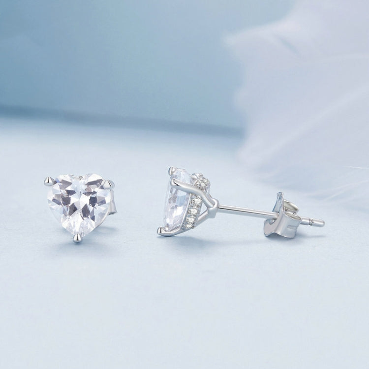 BSE853 Sterling Silver S925 White Gold Plated Sparkling Heart Stud Earrings - Stud Earrings & Earrings by PMC Jewellery | Online Shopping South Africa | PMC Jewellery