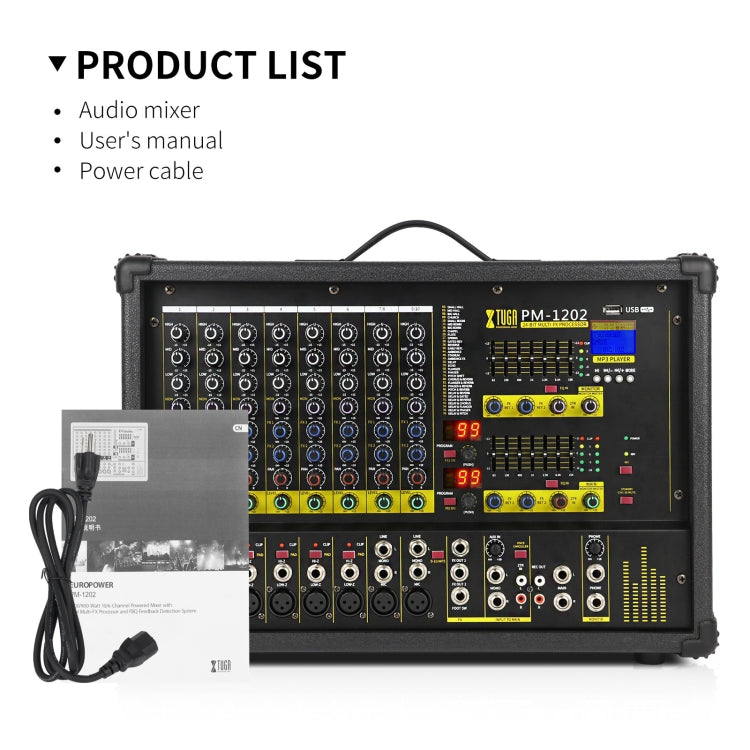 XTUGA PM1202 900W 10 Channel Stage Power Mixer 24Bit Multil-FX Processor Dual 99 DSP Effect DJ Amplifier (EU Plug) - Live Sound Effects Processors by XTUGA | Online Shopping South Africa | PMC TechLife