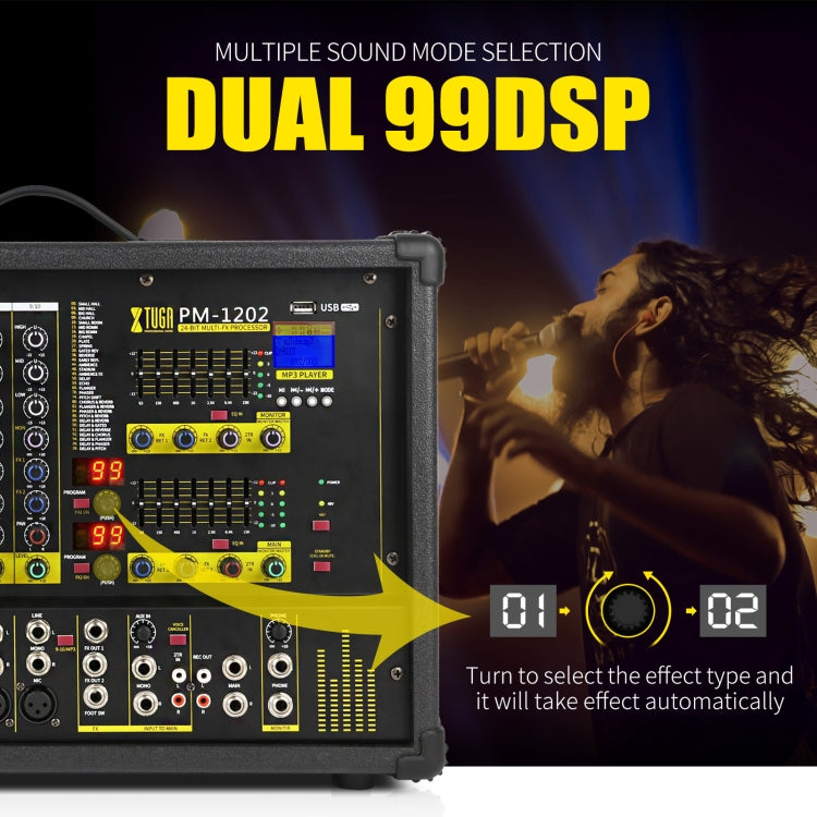 XTUGA PM1202 900W 10 Channel Stage Power Mixer 24Bit Multil-FX Processor Dual 99 DSP Effect DJ Amplifier (UK Plug) - Live Sound Effects Processors by XTUGA | Online Shopping South Africa | PMC TechLife
