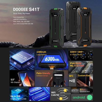 DOOGEE S41 Pro Rugged Phone, 4GB+32GB, IP68/IP69K Waterproof Dustproof Shockproof, Triple AI Back Cameras, 6300mAh Battery, 5.5 inch Android 12.0 MediaTek Helio A22 Quad Core, Network: 4G, NFC (Black) - DOOGEE by DOOGEE | Online Shopping South Africa | PMC Jewellery | Buy Now Pay Later Mobicred