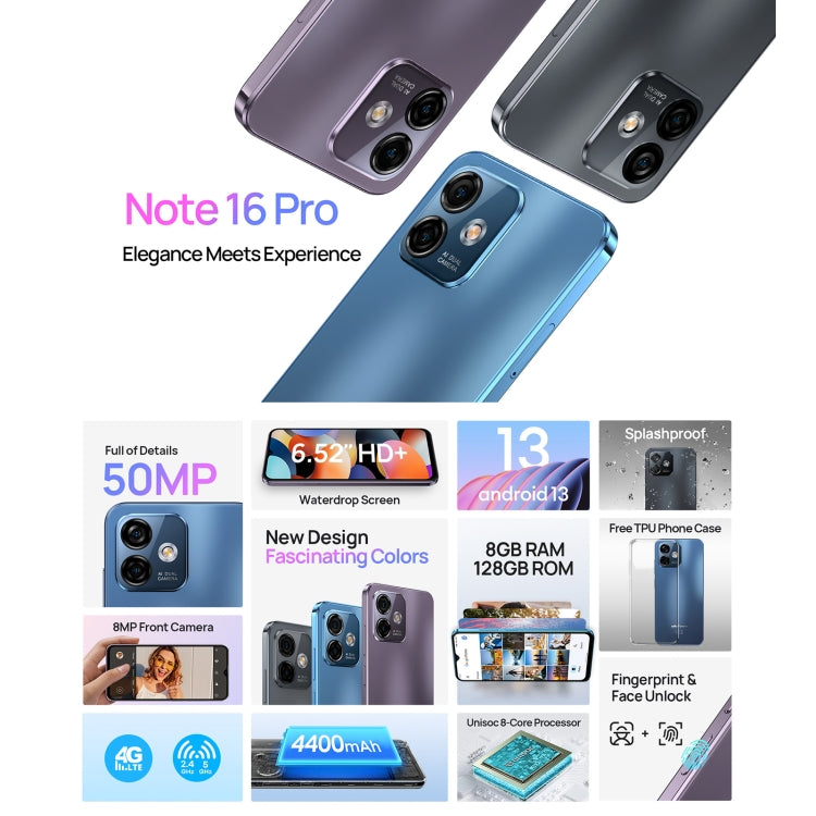 Ulefone Note 16 Pro, 8GB+128GB, Dual Back Cameras, Face ID & Side Fingerprint Identification, 4400mAh Battery, 6.52 inch Android 13 Unisoc T606 OctaCore up to 1.6GHz, Network: 4G, Dual SIM, OTG(Purple) - Ulefone by Ulefone | Online Shopping South Africa | PMC Jewellery | Buy Now Pay Later Mobicred