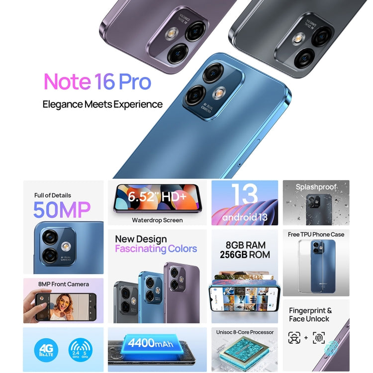 Ulefone Note 16 Pro, 8GB+256GB, Dual Back Cameras, Face ID & Side Fingerprint Identification, 4400mAh Battery, 6.52 inch Android 13 Unisoc T606 Octa Core up to 1.6GHz, Network: 4G, Dual SIM, OTG (Blue) - Ulefone by Ulefone | Online Shopping South Africa | PMC Jewellery | Buy Now Pay Later Mobicred