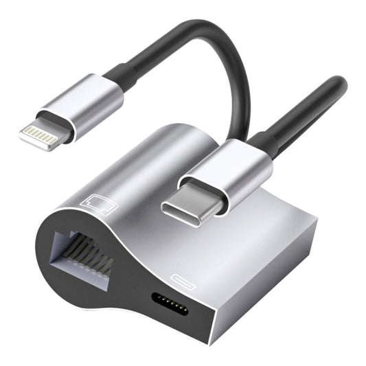 NK-1054Pro 2 in 1 8 Pin + USB-C / Type-C Male to 8 Pin Charging + Ethernet Female Adapter - Converter & Adapter by PMC Jewellery | Online Shopping South Africa | PMC Jewellery