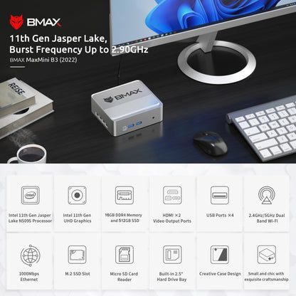 BMAX B3 Windows 11 Mini PC, 16GB+512GB, Intel Jasper Lake N5095, Support HDMI / RJ45 / TF Card, US Plug(Space Grey) - Windows Mini PCs by BMAX | Online Shopping South Africa | PMC Jewellery | Buy Now Pay Later Mobicred