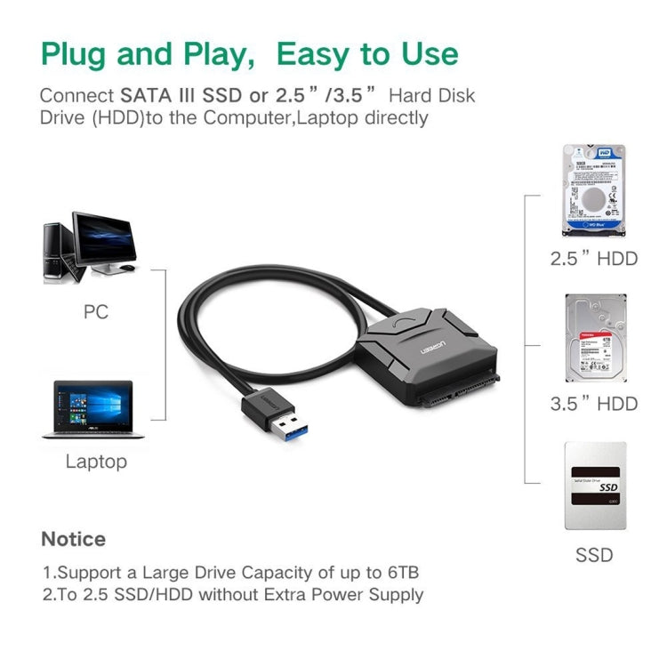 UGREEN USB 3.0 to SATA Adapter Cable Converter for 2.5 / 3.5 inch Hard Drive Disk HDD and SSD, Support UASP SATA 3.0(Black) - USB to IDE / SATA by UGREEN | Online Shopping South Africa | PMC Jewellery